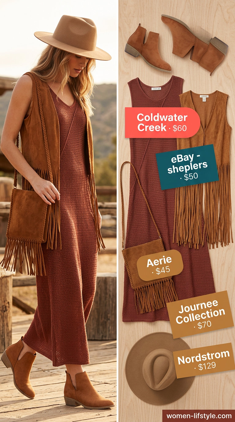 Handmade summer crochet outfits for women 2026: Crochet dress layered with fringe vest, ankle boots, and wide-brimmed hat.