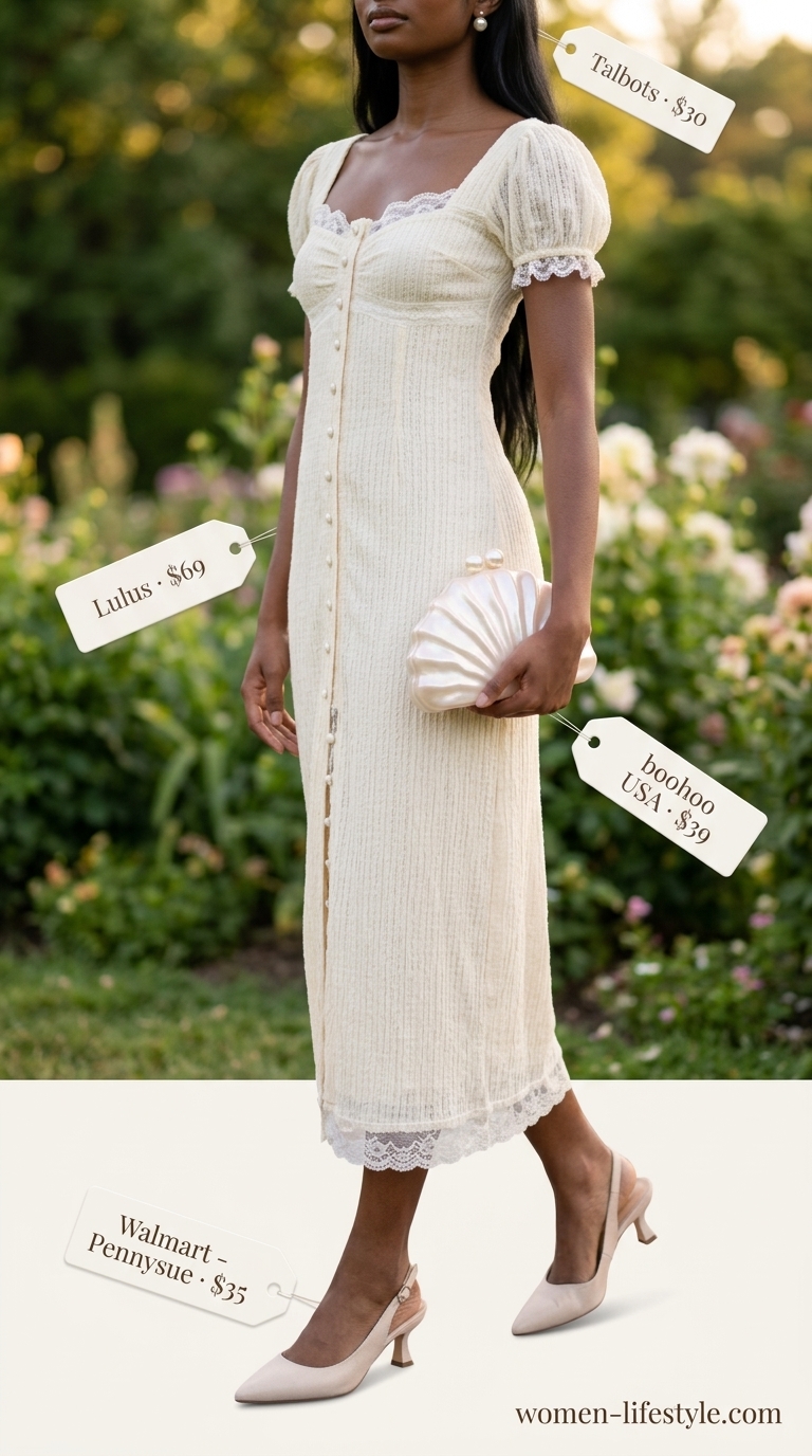 Ivory puff-sleeve crochet midi dress with nude heels, pearl clutch, and earrings for handmade summer crochet outfits 2026.