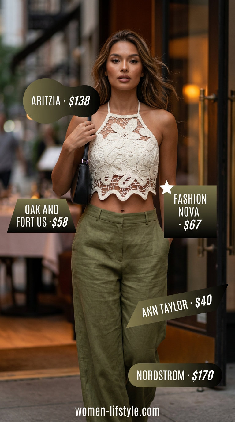 Olive green and cream crochet set with black heels, belt, and shoulder bag for handmade summer crochet outfits 2026.