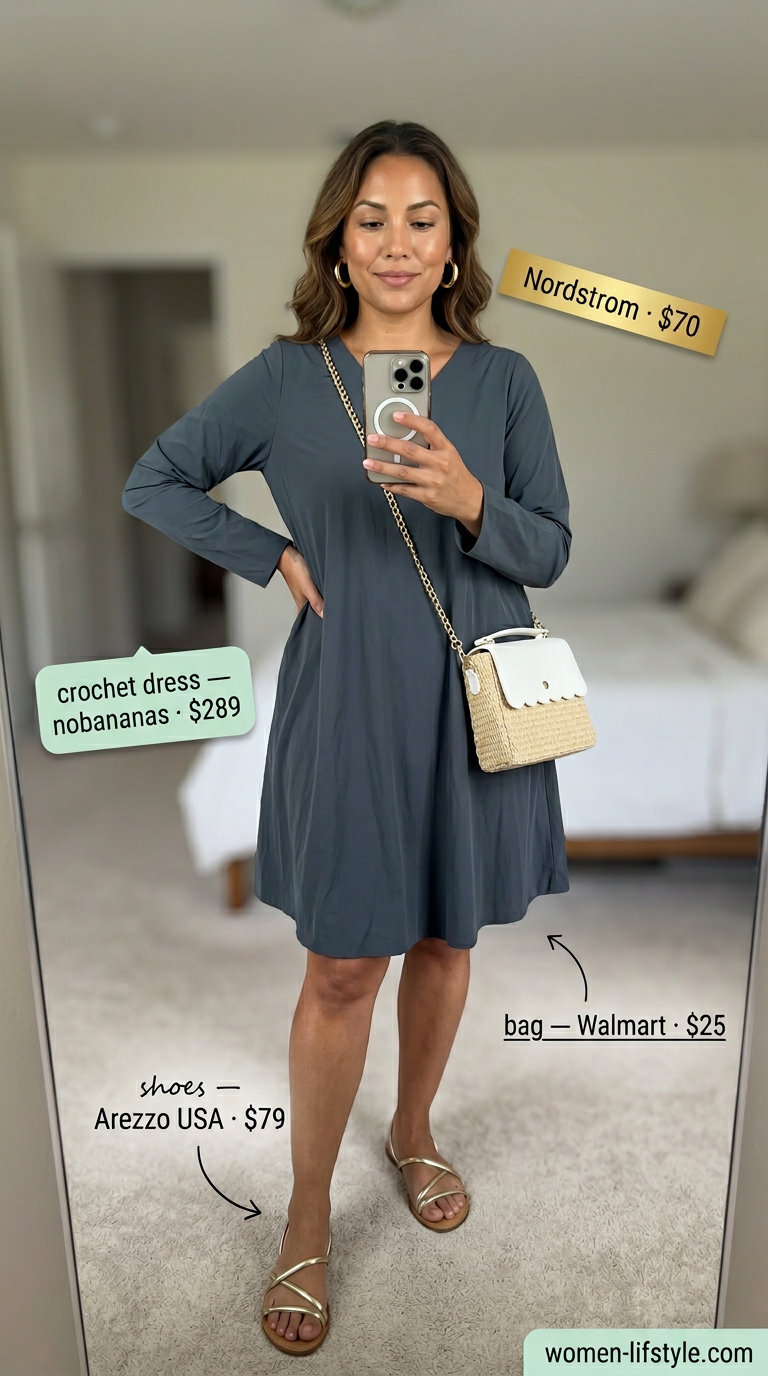 Handmade summer crochet outfits for women 2026: Sunset orange crochet dress with woven bag, gold sandals, and hoop earrings.