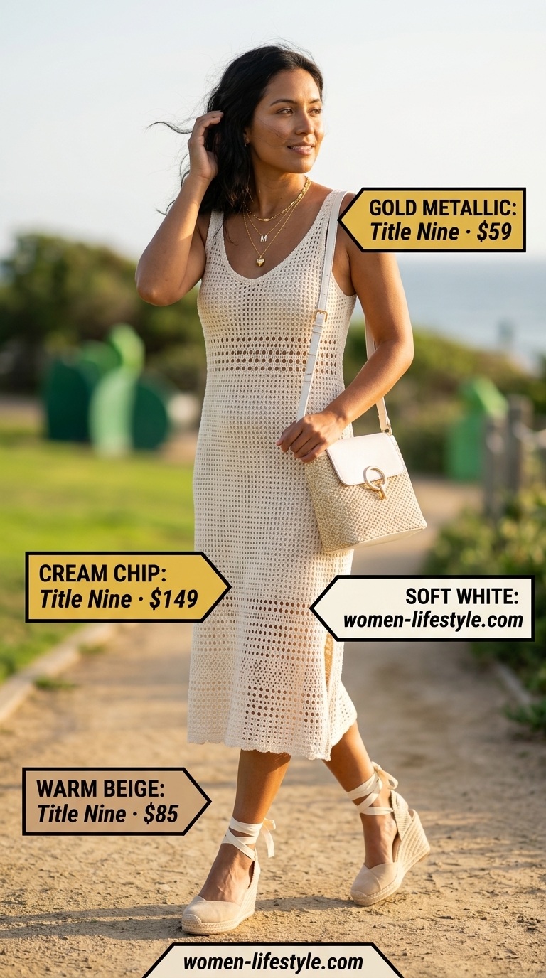 Soft pink crochet dress with gold necklaces, straw bag, and espadrille wedges for handmade summer crochet outfits 2026.