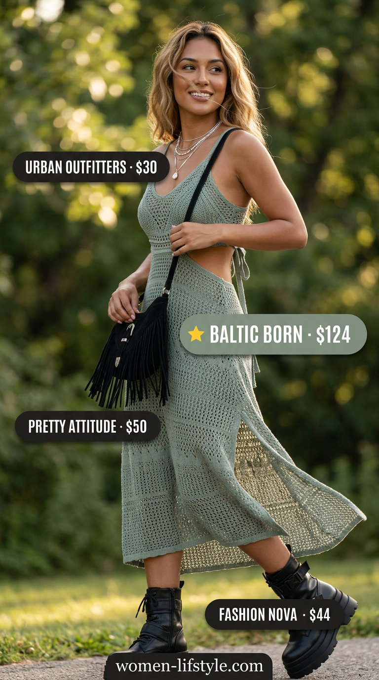 Mustard yellow crochet dress with black combat boots, fringe bag, and silver necklaces for handmade summer crochet outfits 2026.