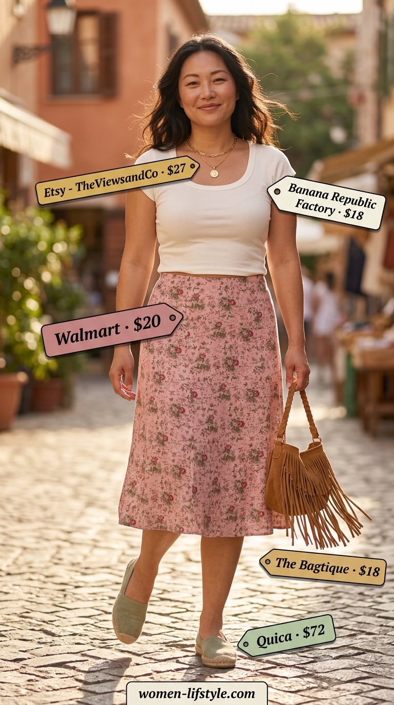 Inclusive midsize outfits summer 2026: Floral midi skirt, ivory knit top, tan espadrilles, and fringe saddle bag for garden party.