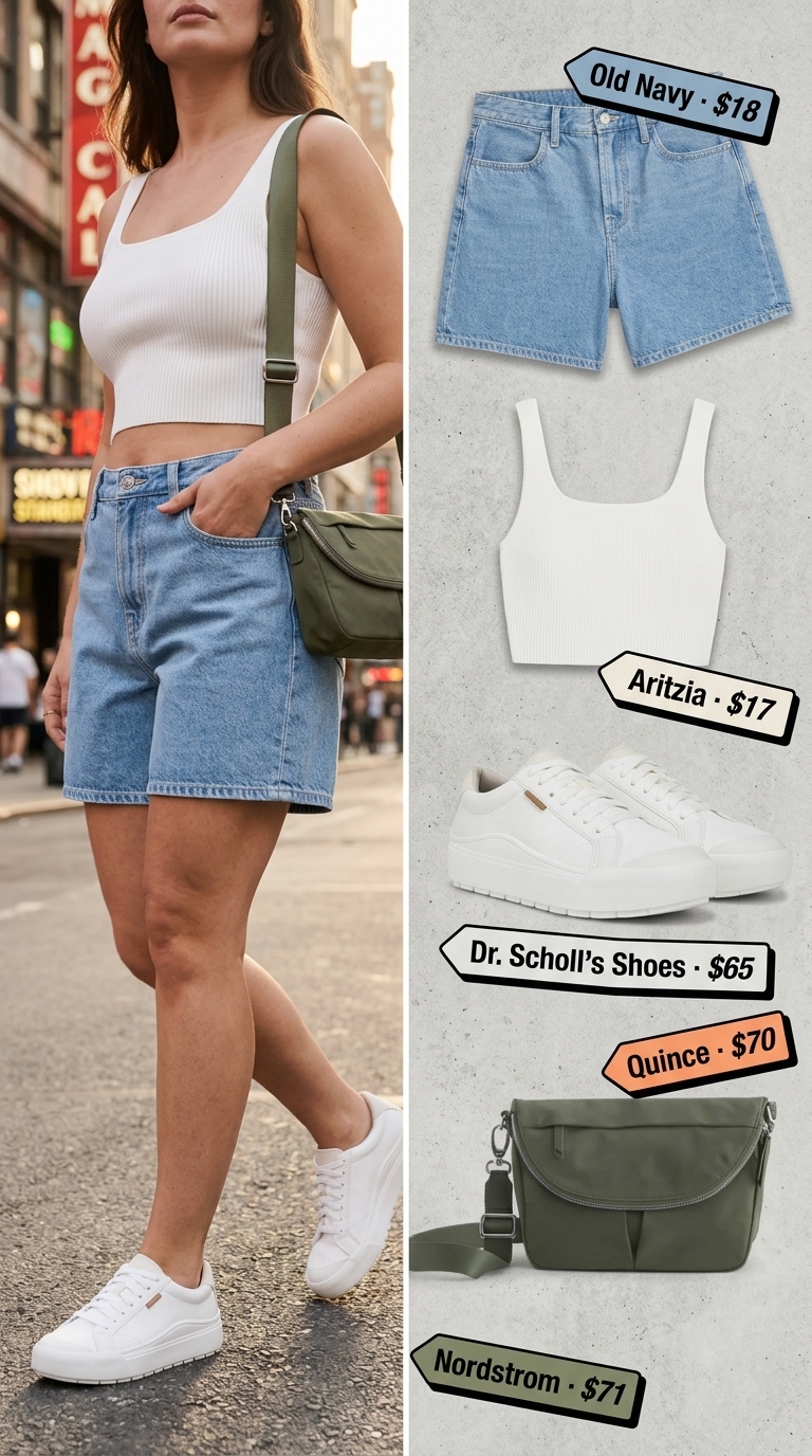 Inclusive midsize outfits summer 2026: Denim shorts, white crop tank, white sneakers, and olive crossbody for city exploration.