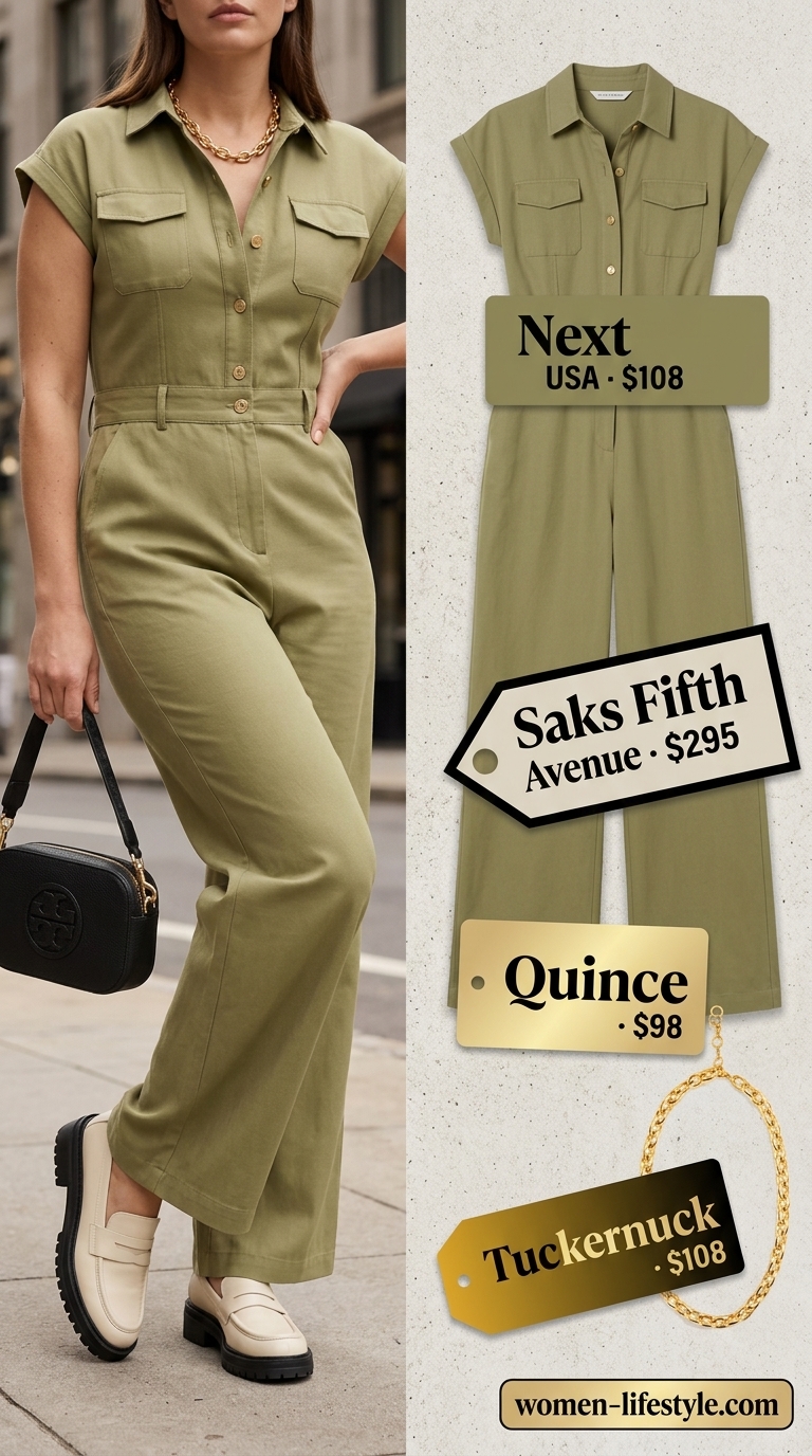 Inclusive midsize outfits summer 2026: Khaki utility jumpsuit, black loafers, and black shoulder bag for edgy day out.