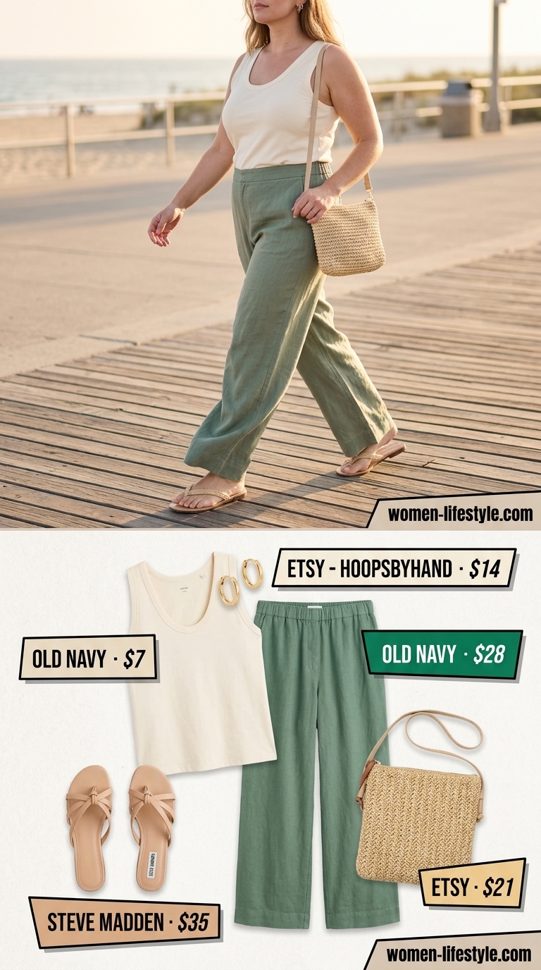Inclusive midsize outfits summer 2026: Sage green linen pants, cream knit tank, tan sandals, and straw bag for relaxed weekends.