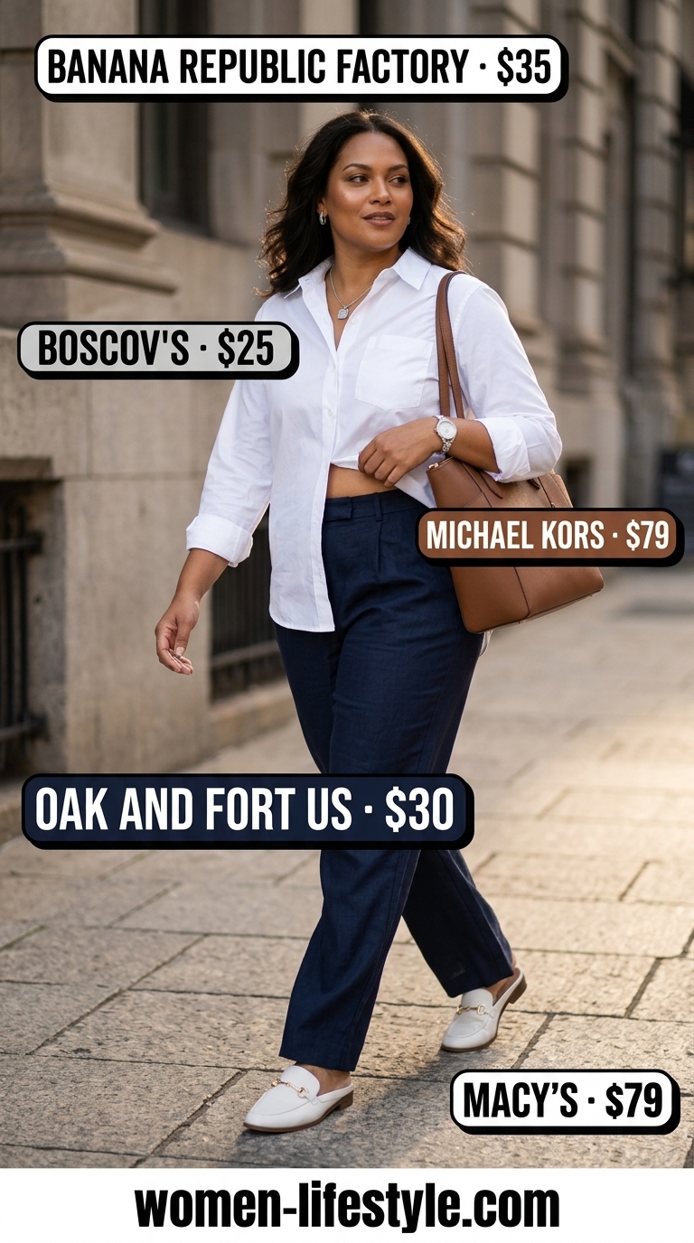 Inclusive midsize outfits summer 2026: Navy linen trousers, white button-down, taupe tote, and white mules for polished days.