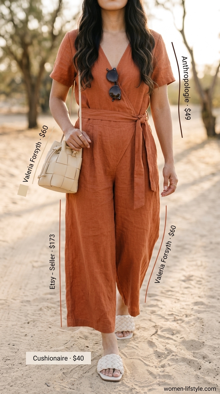 Inclusive midsize outfits summer 2026: Terracotta linen romper, cream slides, straw bag, and tortoiseshell sunglasses for vacation.
