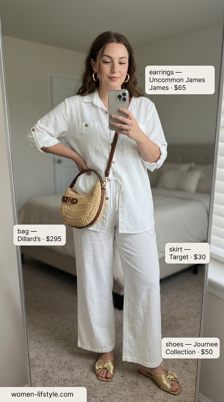 Inclusive midsize outfits summer 2026: White linen set, gold sandals, gold hoops, and straw crossbody for relaxed resort wear.
