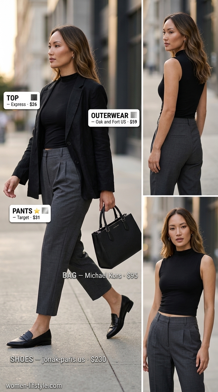 Inclusive midsize outfits summer for women 2026: Charcoal crepe trousers, black blazer, and loafers for business casual.