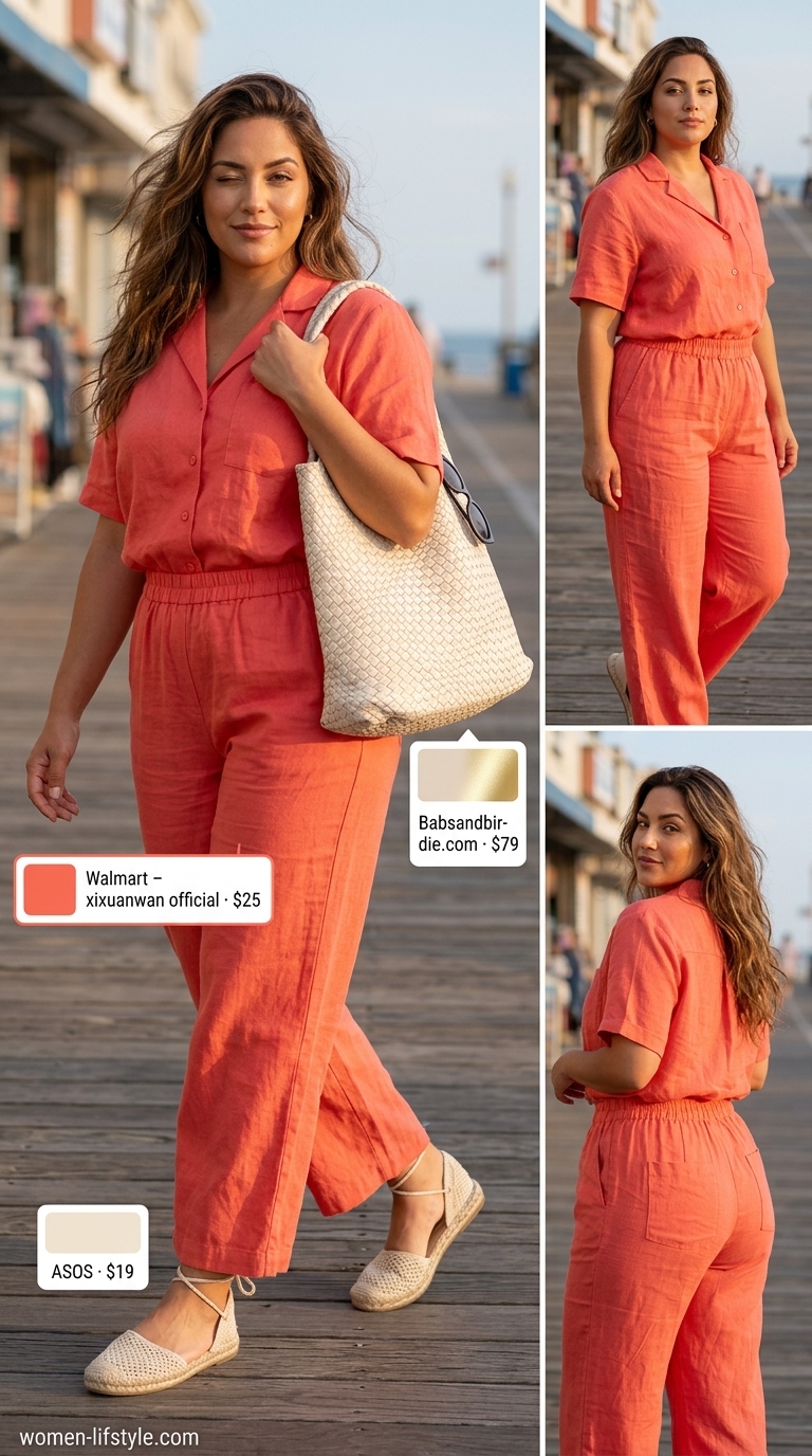 Inclusive midsize outfits summer for women 2026: Coral linen matching set for vacation resort wear.
