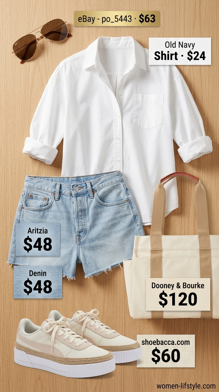 Inclusive midsize outfits summer for women 2026: Denim shorts, white button-down, and espadrilles for classic weekend casual.
