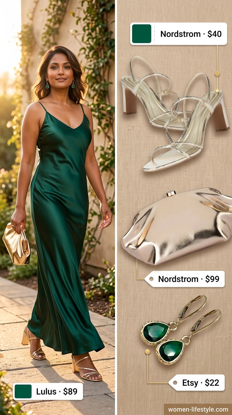 Inclusive midsize outfits summer for women 2026: Emerald green maxi dress with gold heels for resort wear.