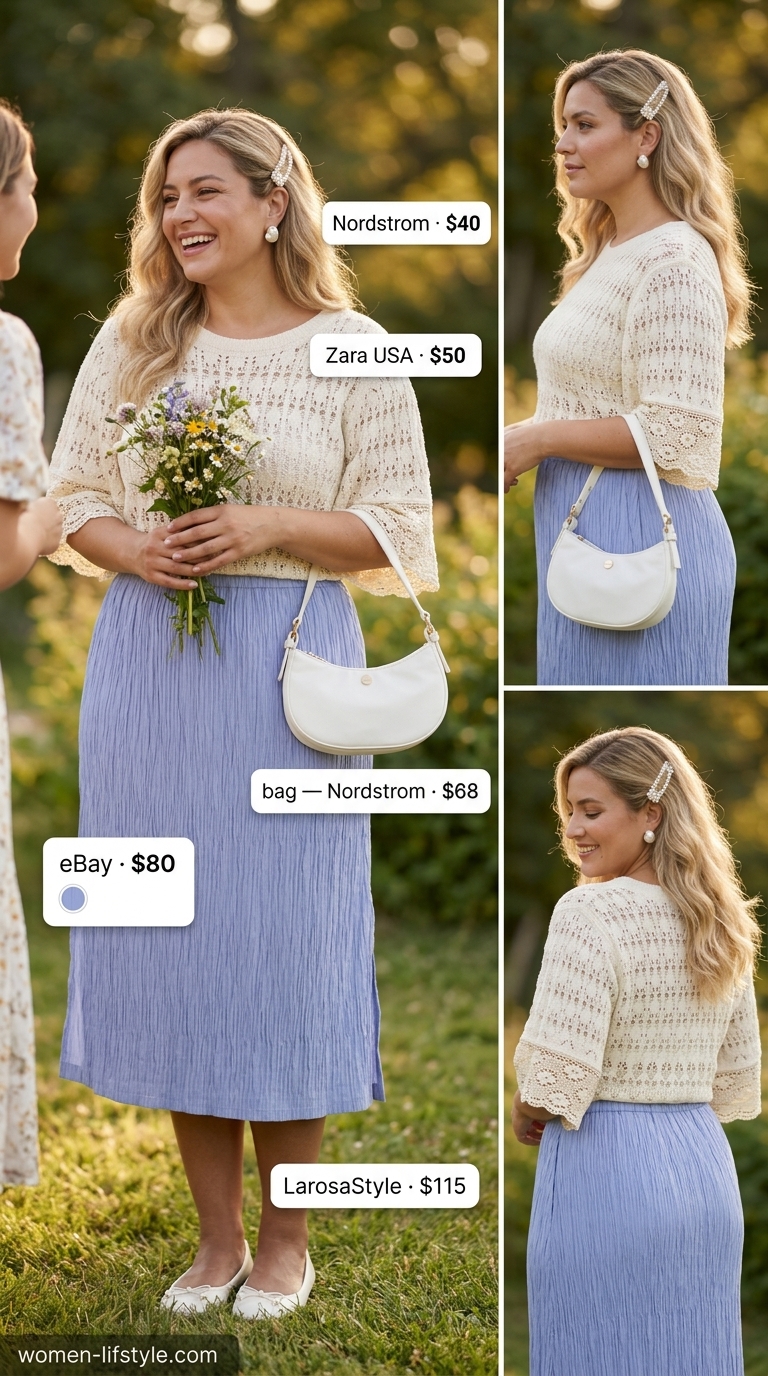 Inclusive midsize outfits summer for women 2026: Periwinkle midi skirt, knit top, and ballet flats for a garden party.