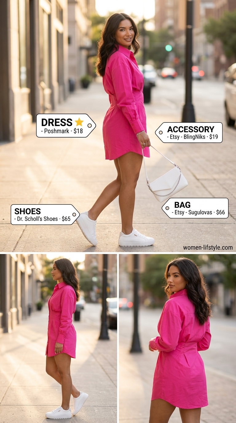 Inclusive midsize outfits summer for women 2026: Bright pink mini shirt dress with white sneakers for a fun brunch.