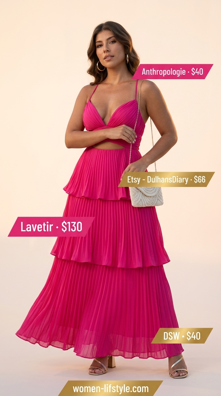 Inclusive midsize outfits summer for women 2026: Hot pink maxi dress with gold heels for a glamorous resort dinner.