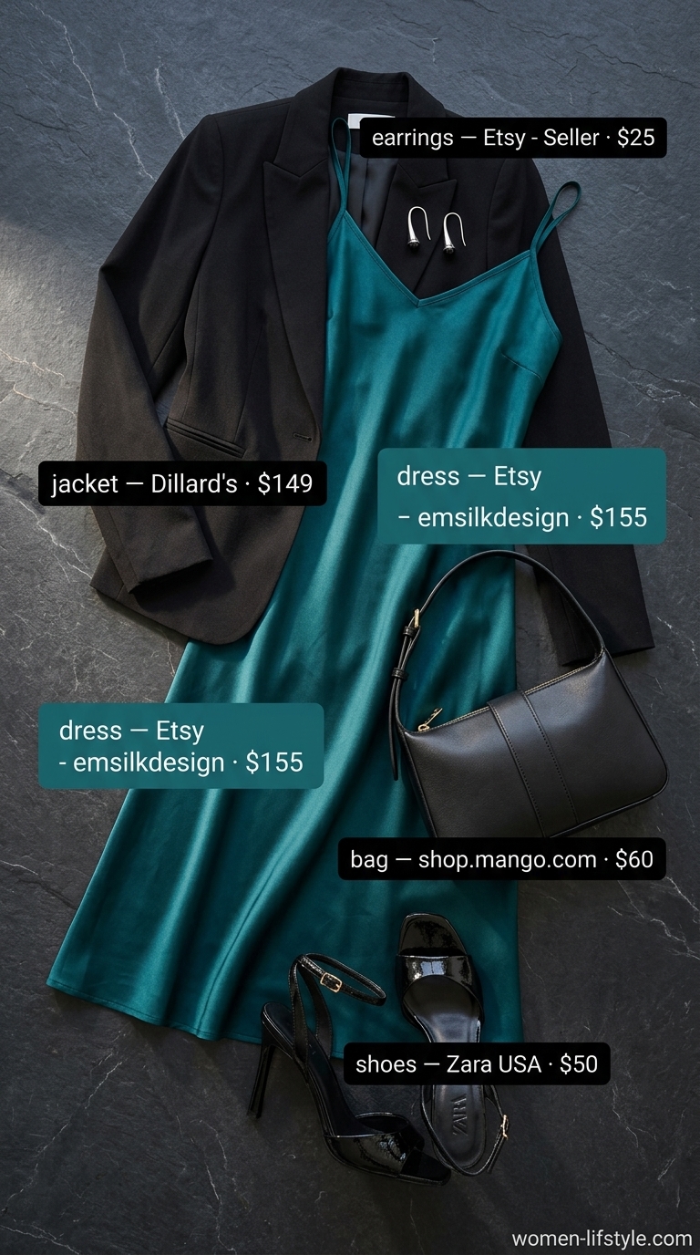 Inclusive midsize outfits summer for women 2026: Teal slip dress with blazer for date night.