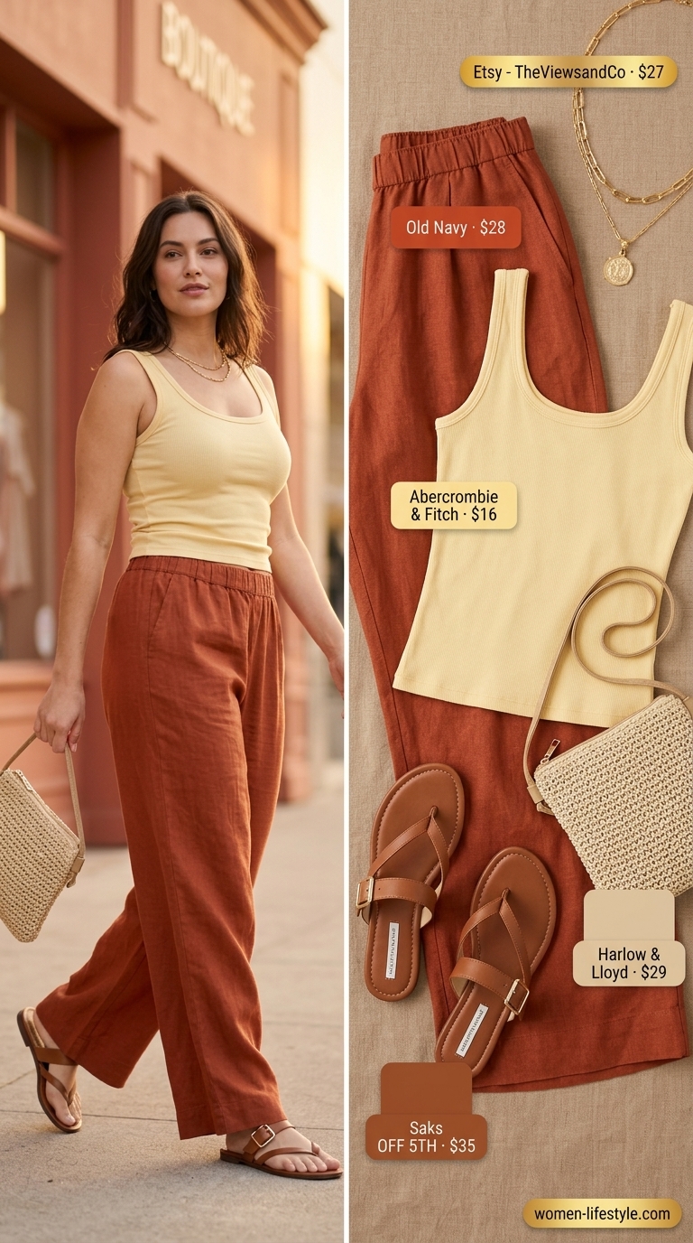 Inclusive midsize outfits summer for women 2026: Terracotta linen pants, cream knit top, and gold sandals for a chic summer dinner.
