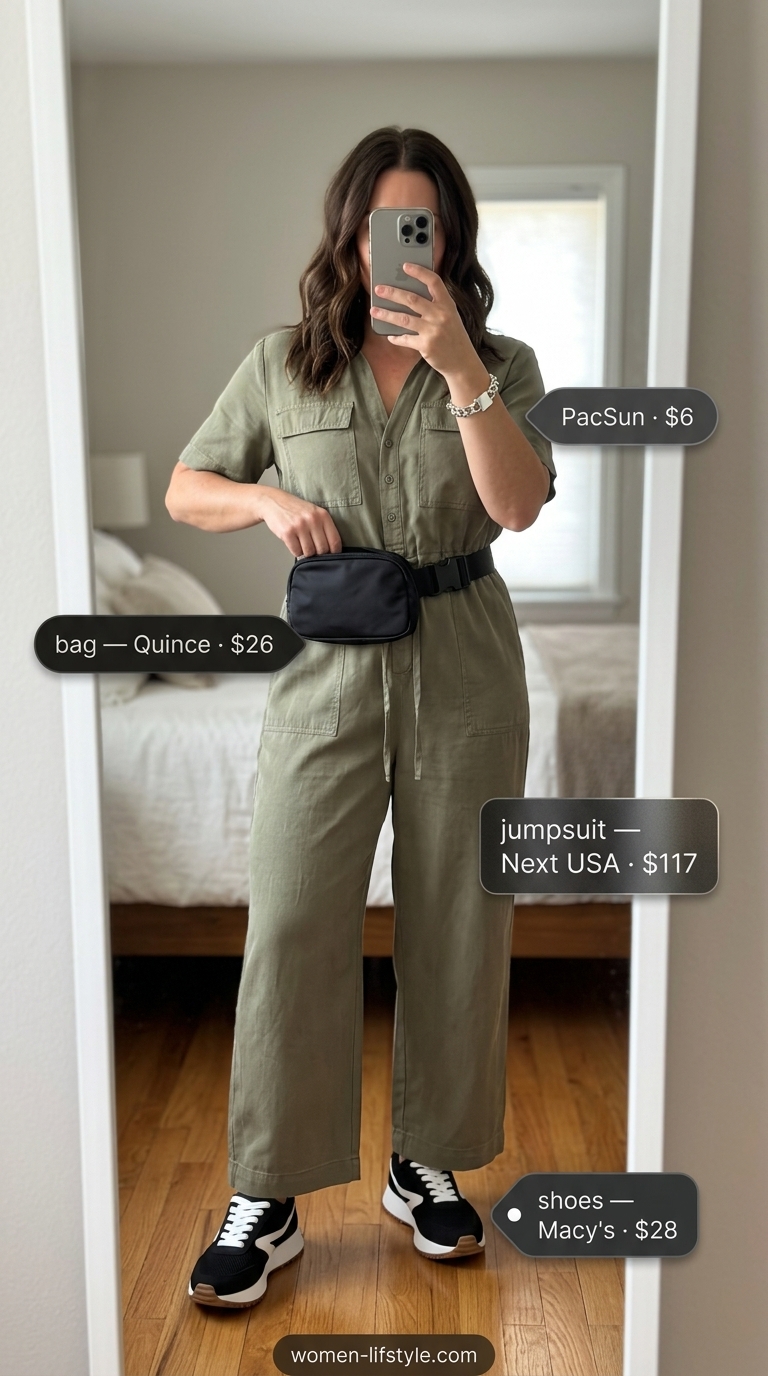 Inclusive midsize outfits summer for women 2026: Khaki utility jumpsuit with sneakers for a casual day out.