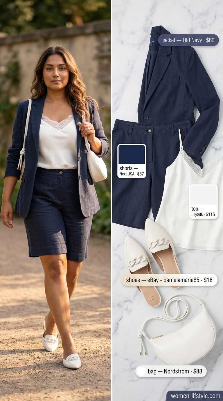 Inclusive midsize outfits summer 2026: Navy Bermuda shorts, white camisole, navy blazer, white top-handle bag, white mules.