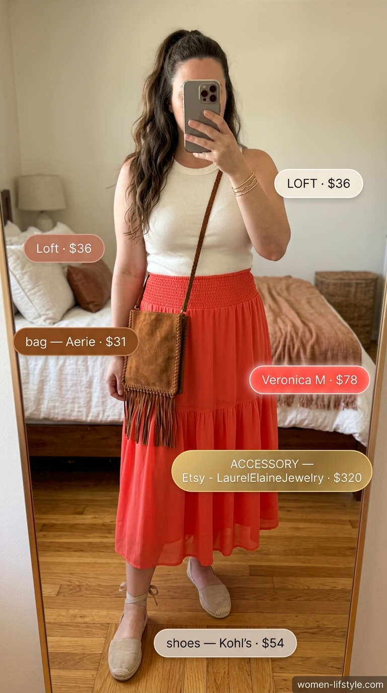 Inclusive midsize outfits summer 2026: Terracotta tiered midi skirt, ivory ribbed tank, gold bangles, fringed crossbody bag.
