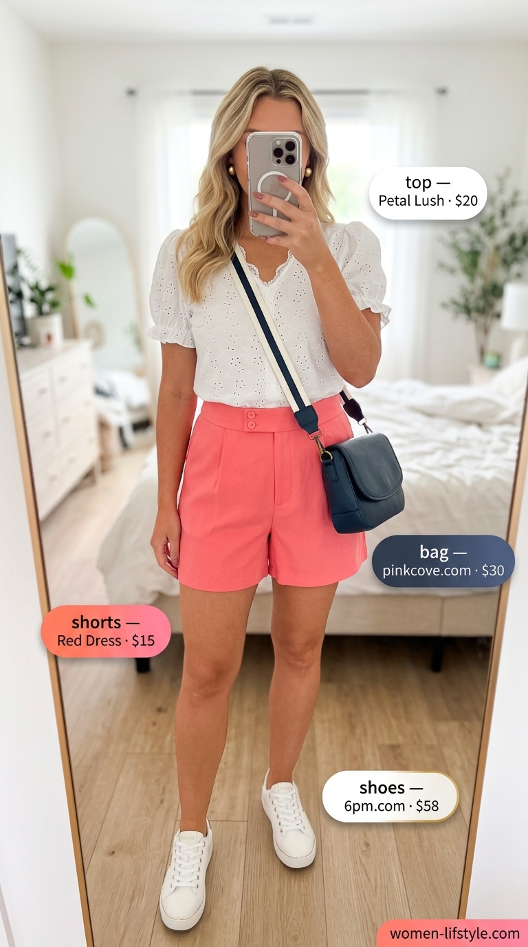 Inclusive midsize outfits summer 2026: Coral linen shorts, white eyelet blouse, gold earrings, white sneakers, navy crossbody.
