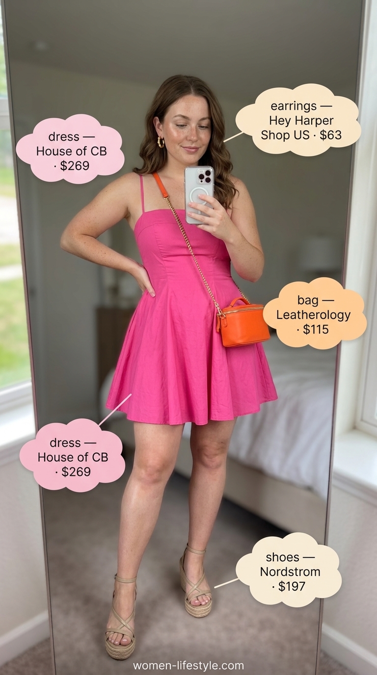 Inclusive midsize outfits summer 2026: Hot pink sundress, orange crossbody, nude espadrilles, gold hoop earrings.