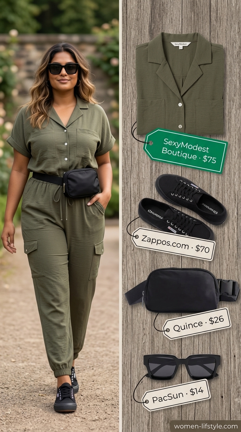 Inclusive midsize outfits summer 2026: Khaki utility jumpsuit, black sneakers, black belt bag, black sunglasses.