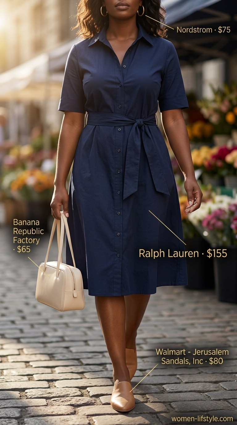 Inclusive midsize outfits summer 2026: Navy shirt dress, tan mules, tan belt, cream shoulder bag, gold hoop earrings.