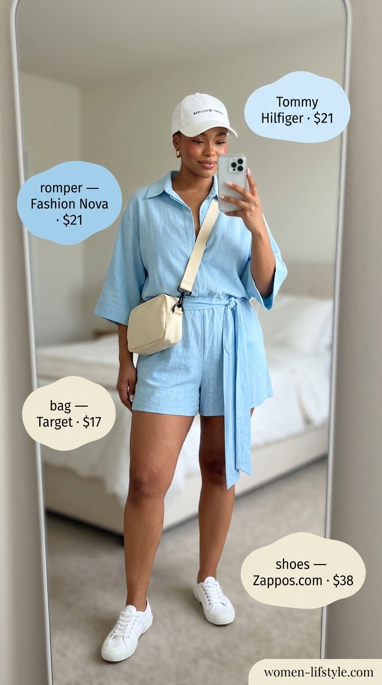 Inclusive midsize outfits summer 2026: Sky blue linen romper, white canvas sneakers, beige crossbody bag, white baseball cap.
