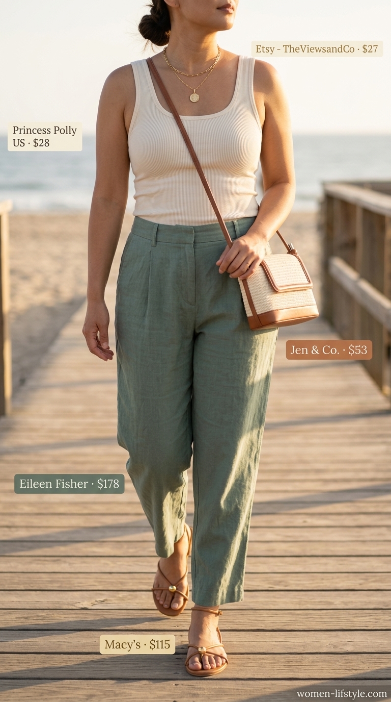 Inclusive midsize outfits summer 2026: Sage green linen pants, cream tank top, tan sandals, straw crossbody, gold necklace.