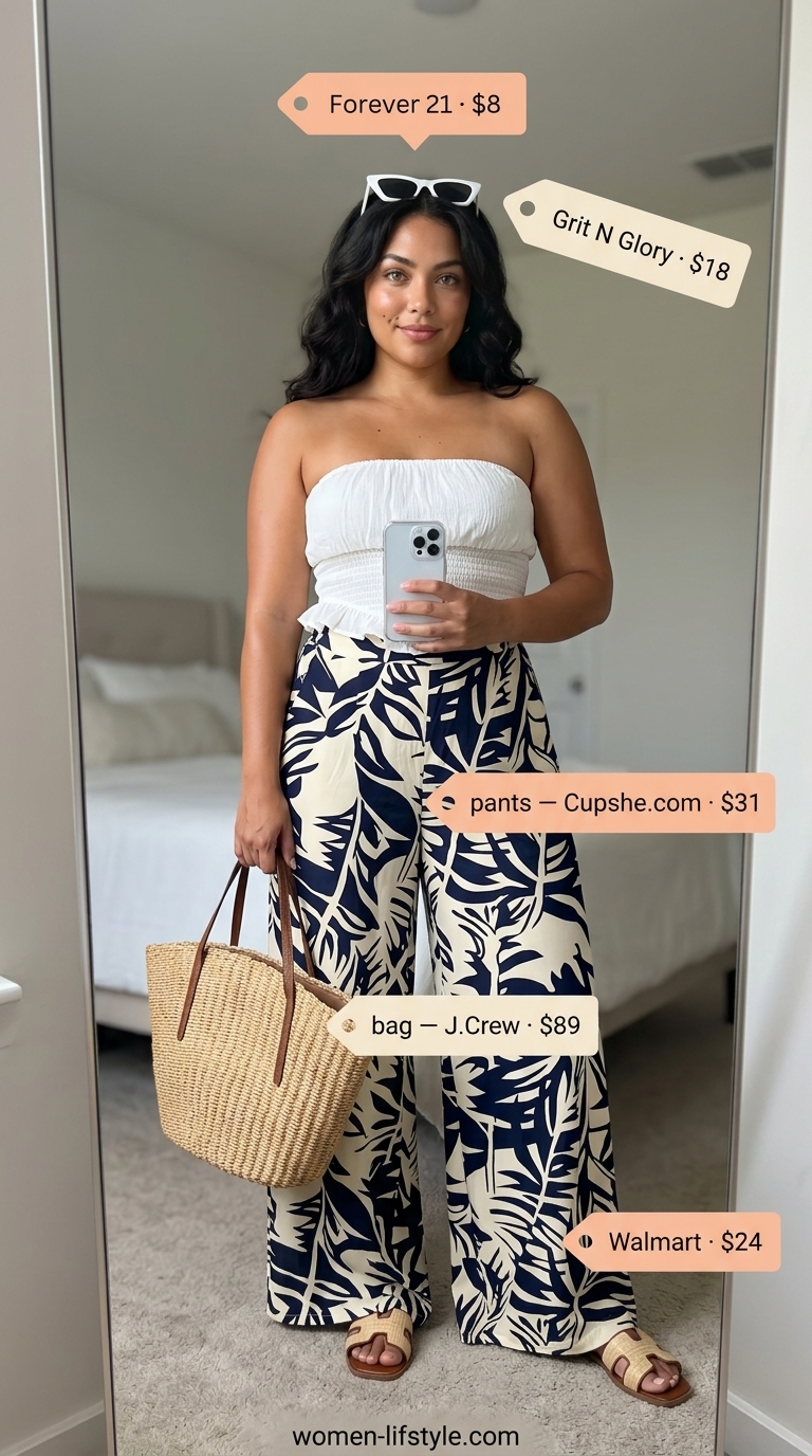 Inclusive midsize outfits summer 2026: Tropical print palazzo pants, white bandeau top, straw tote, white cat-eye sunglasses.