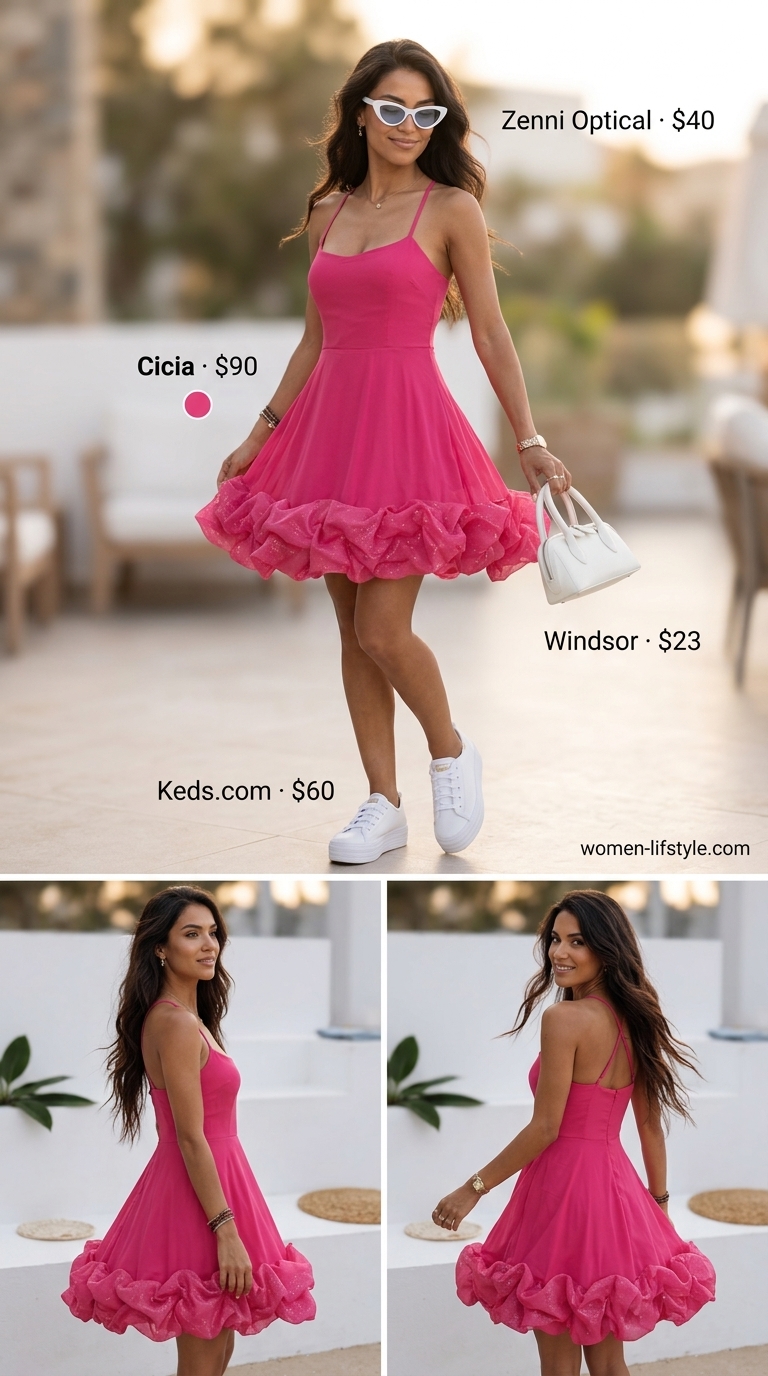 Barbiecore Brunch Summer Outfits 2026 Influencer summer fashion outfits for women 2026: Barbiecore pink sundress, white sneakers, cat-eye sunglasses for a fun brunch.