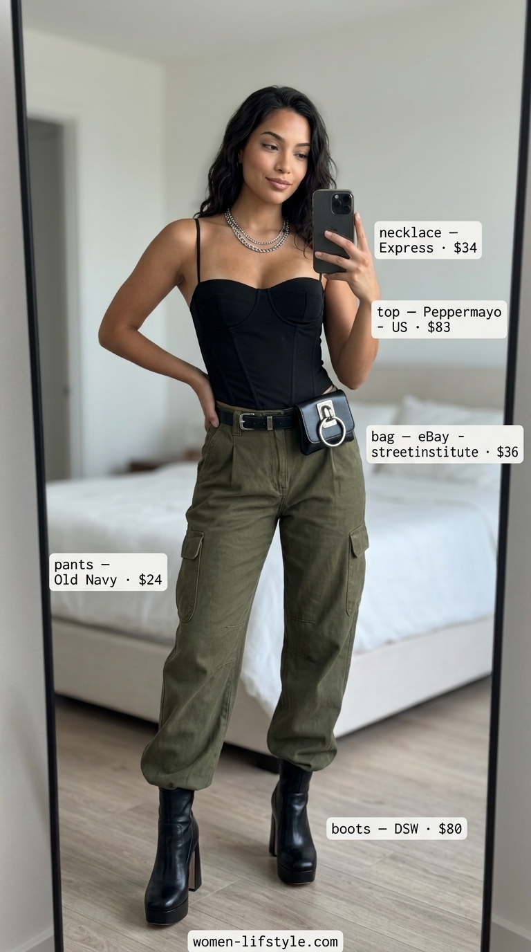 Edgy Street Style Outfits 2026 Olive green cargo pants, black corset top, and boots. Influencer summer fashion outfits for women 2026.