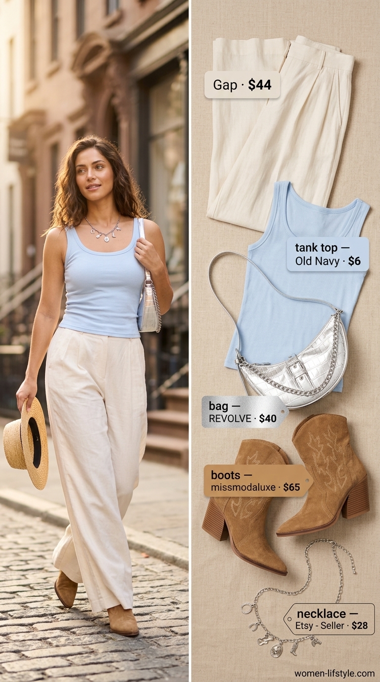 Coastal Cowgirl Summer Outfits 2026 Influencer summer fashion outfits for women 2026: White wide-leg pants, light blue tank, cowboy boots for coastal cowgirl chic.