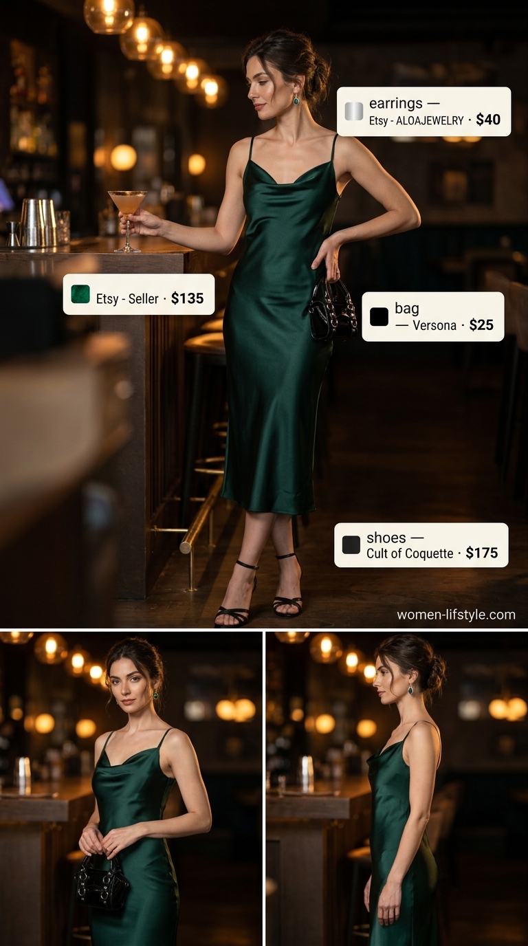 Elegant Evening Outfits 2026 Emerald green slip dress with silver earrings. Influencer summer fashion outfits for women 2026.