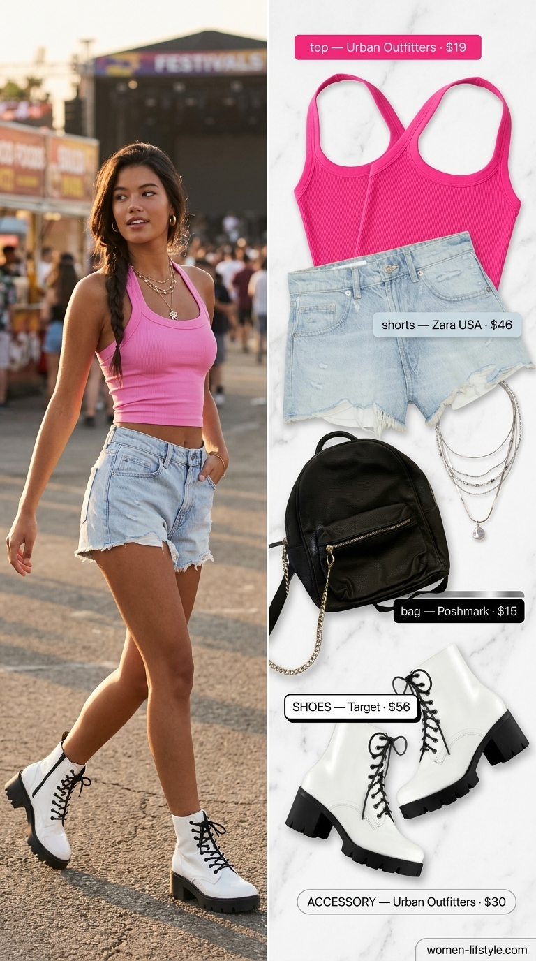 Festival Ready Summer Outfits 2026 Influencer summer fashion outfit for women 2026: Hot pink halter top, distressed denim shorts, silver chains, and combat boots for a festival.