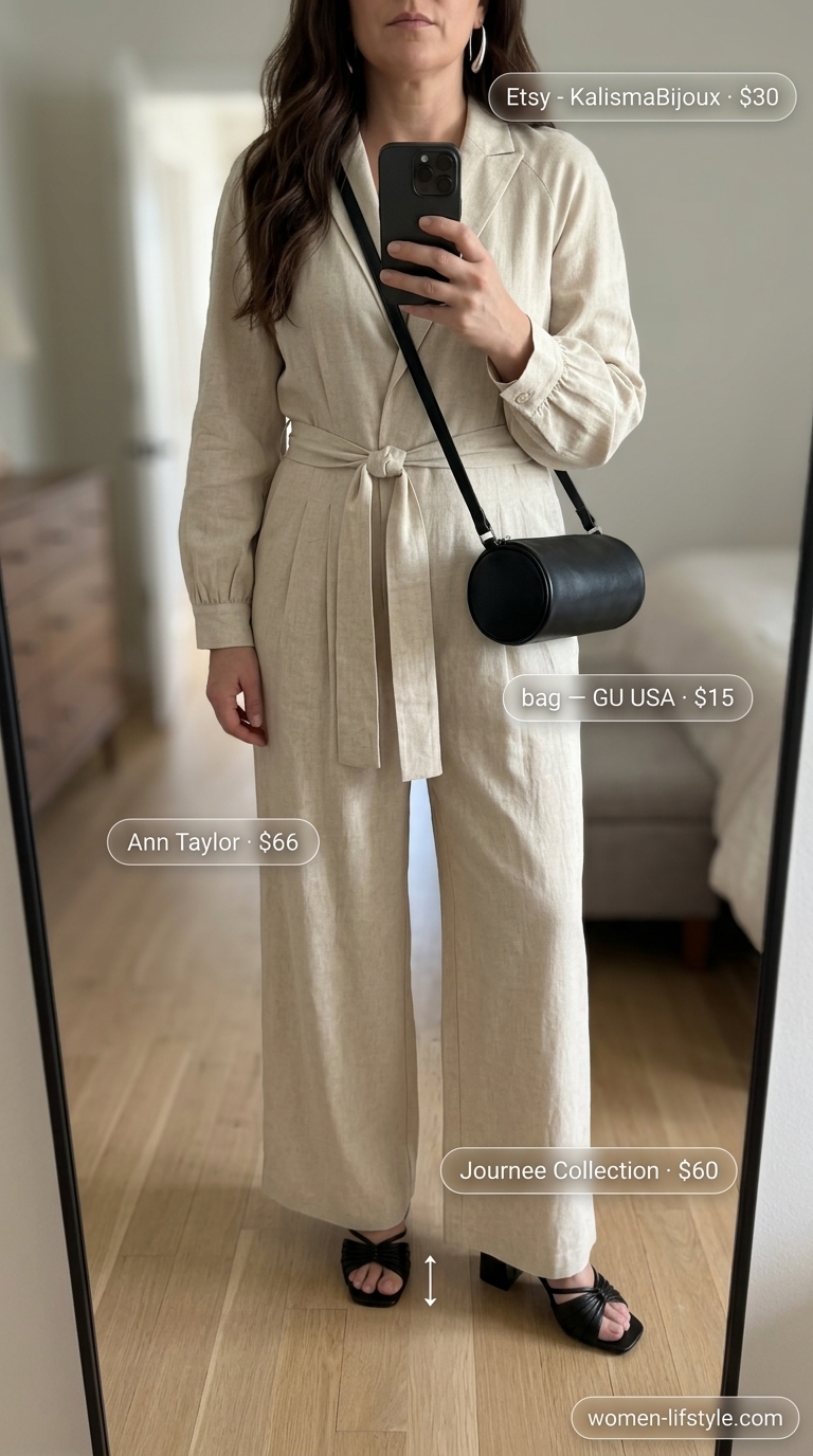 Gallery Chic Summer Outfits 2026 Influencer summer fashion outfits for women 2026: Oatmeal linen jumpsuit, black block heels, silver earrings for a gallery opening.