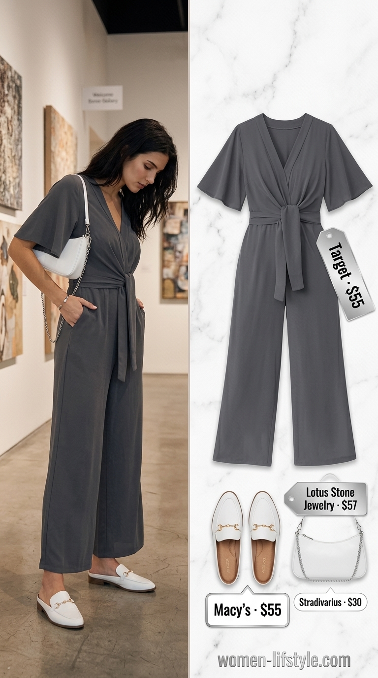 Sophisticated Jumpsuit Style 2026 Charcoal grey jumpsuit with white mules. Influencer summer fashion outfits for women 2026.