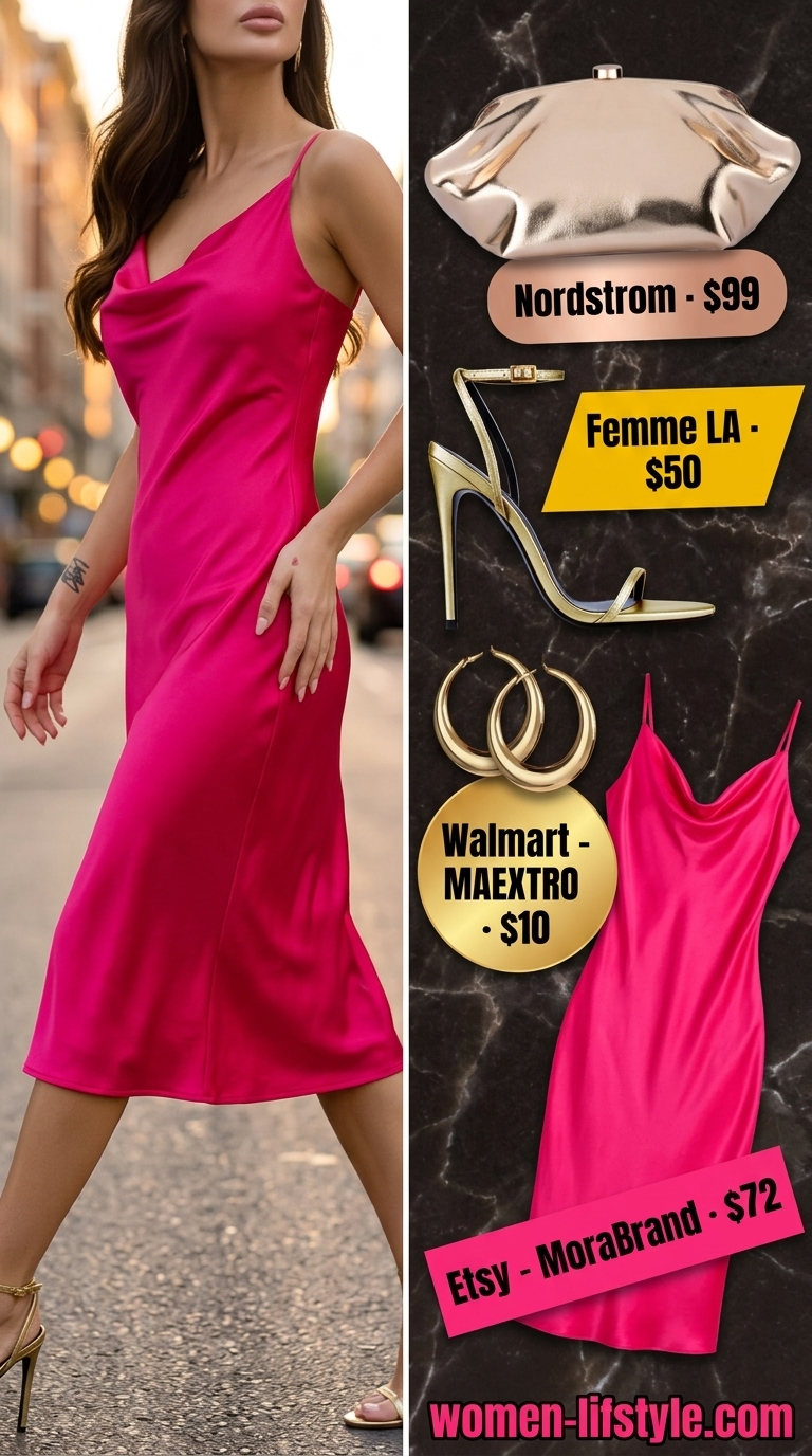 Glamorous Party Dresses 2026 Hot pink slip dress with gold accessories. Influencer summer fashion outfits for women 2026.