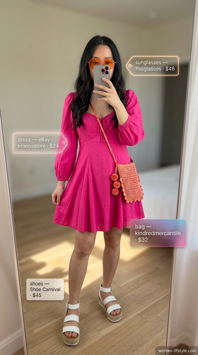 Vibrant Festival Outfits 2026 Vibrant hot pink mini dress with orange woven bag and white platforms. Influencer summer fashion outfits for women 2026.