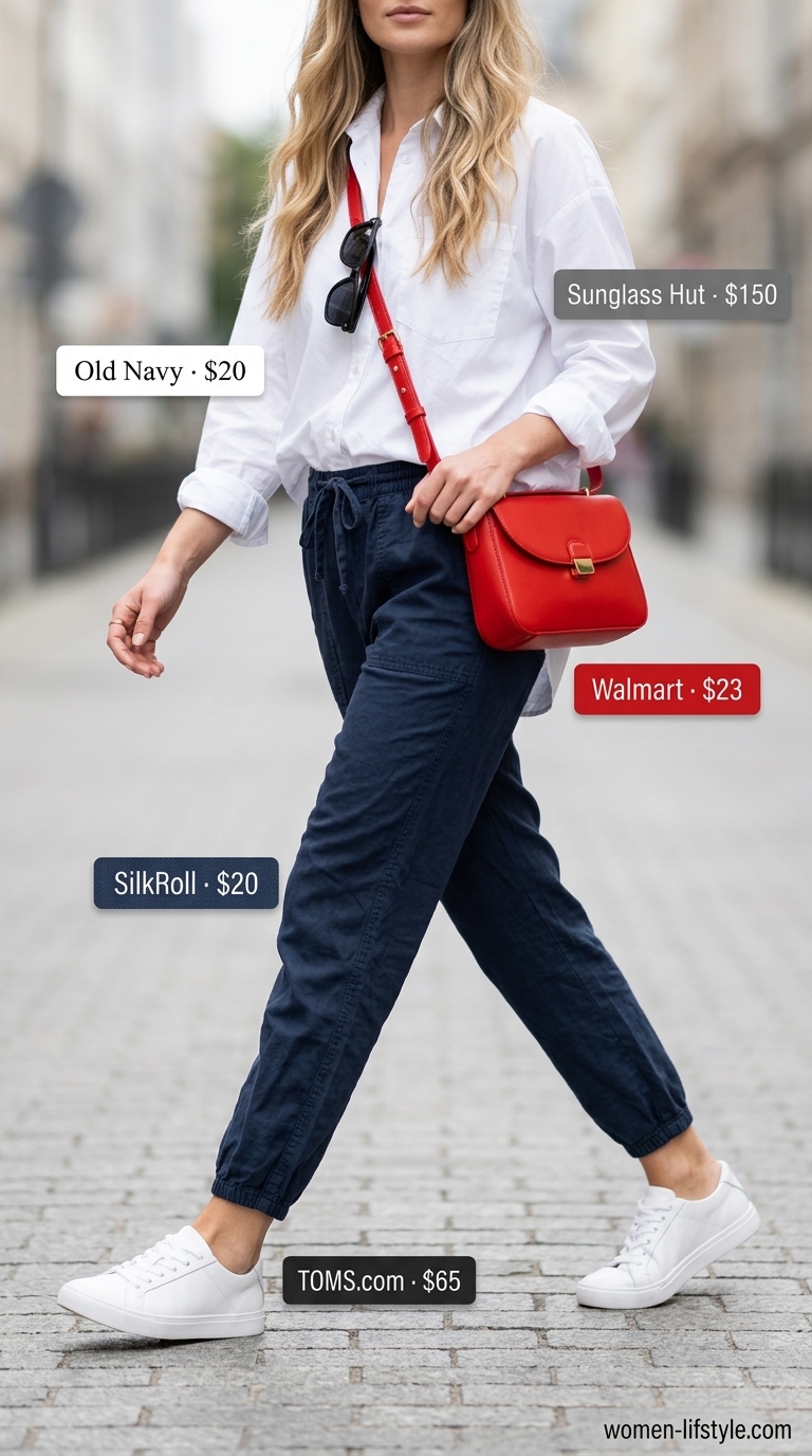 Athleisure Travel Outfits 2026 Navy joggers, white shirt, and white sneakers. Influencer summer fashion outfits for women 2026.