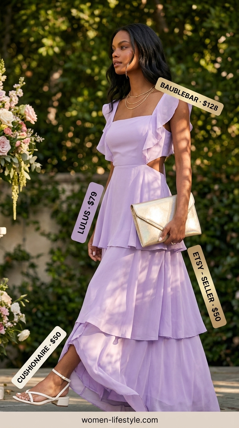 Garden Party Summer Outfits 2026 Influencer summer fashion outfits for women 2026: Lavender tiered maxi dress, cream sandals, gold jewelry for a garden party.