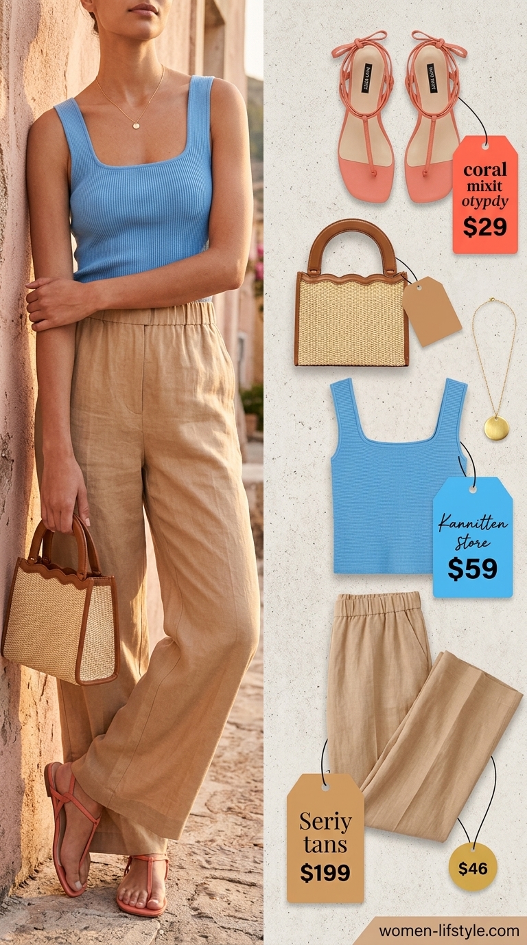 Riviera Chic Outfits 2026 Cream linen pants, sky blue top, and raffia bag. Influencer summer fashion outfits for women 2026.