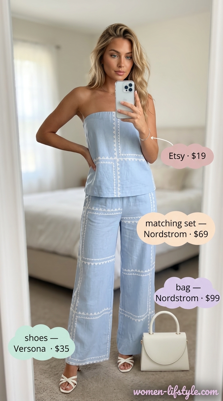 Coordinated Summer Sets 2026 Sky blue linen matching set with white heels. Influencer summer fashion outfits for women 2026.