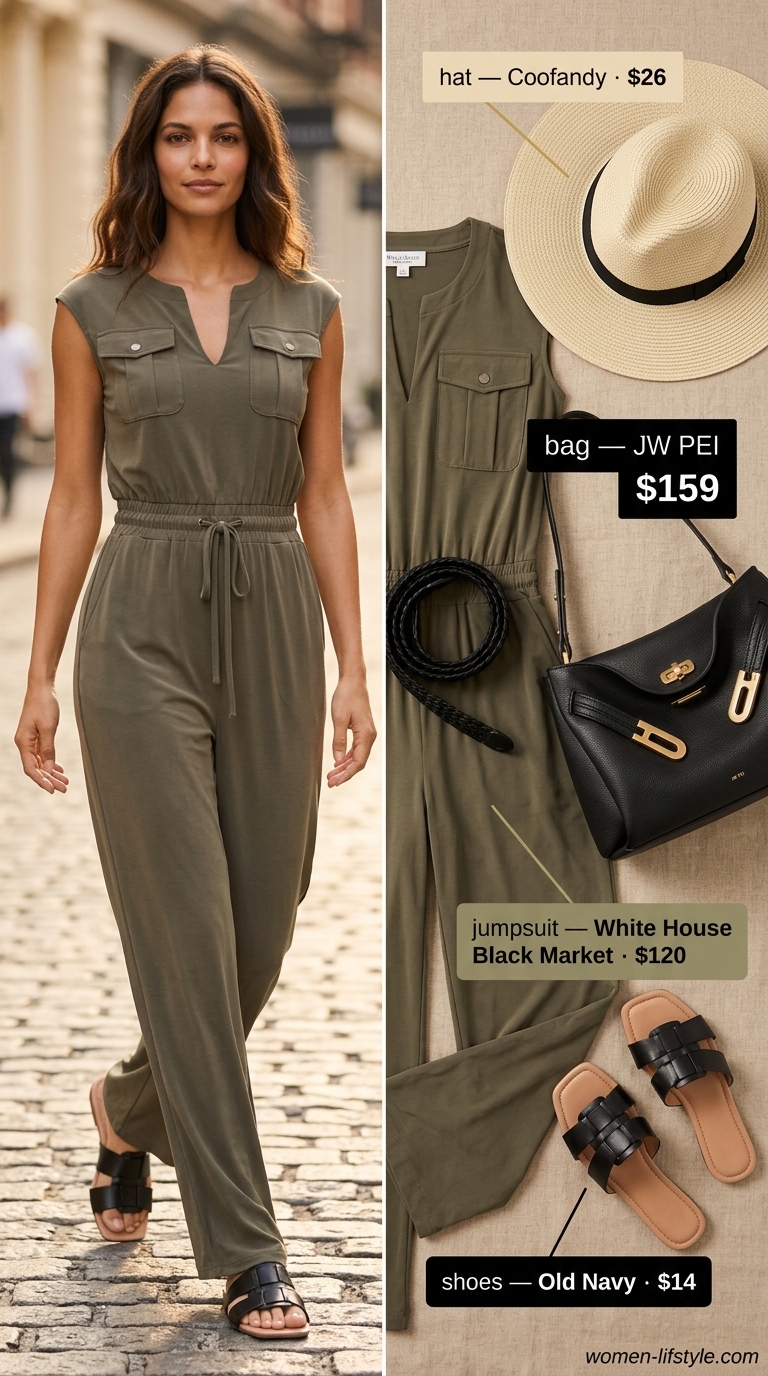 Safari Luxe Summer Outfits 2026 Influencer summer fashion outfits for women 2026: Khaki utility jumpsuit, black slides, straw hat for stylish city sightseeing.