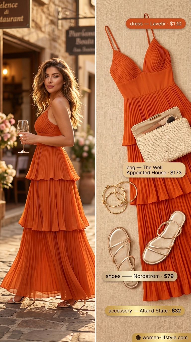 Resort Glam Summer Outfits 2026 Influencer summer fashion outfits for women 2026: Sunset orange maxi dress, gold bangles, straw clutch for resort dinner.