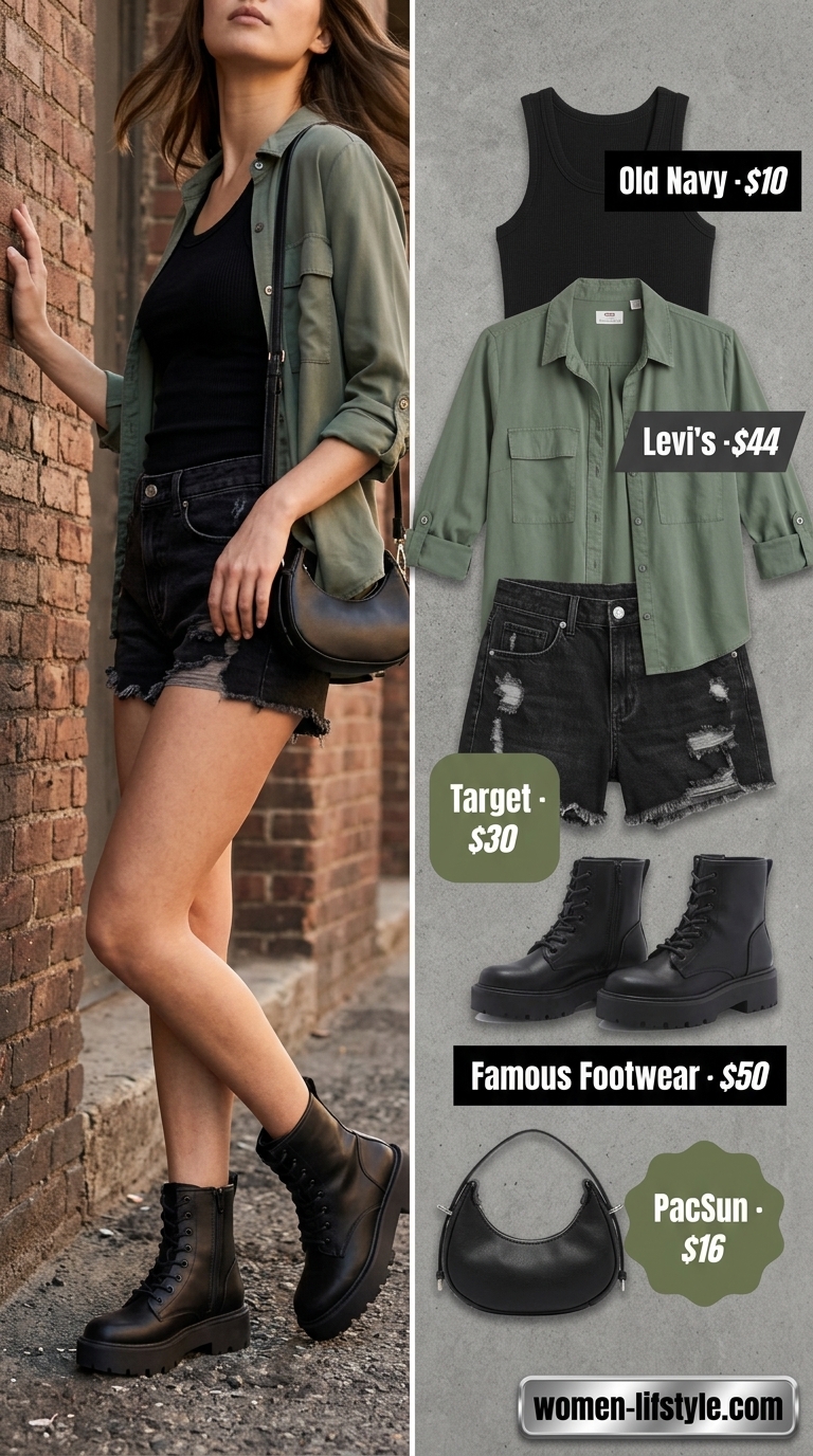 Urban Edge Summer Outfits 2026 Influencer summer fashion outfits for women 2026: Black distressed shorts, ribbed tank, olive utility shirt, combat boots for urban exploration.