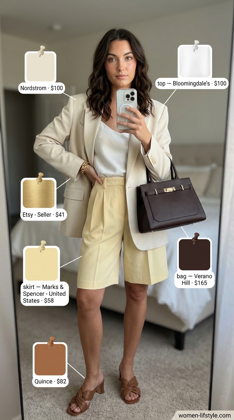 Influencer Summer Fashion Outfits 2026: Beige Blazer Set Influencer summer fashion outfits for women 2026: Beige blazer, Bermuda shorts, silk cami for business casual.