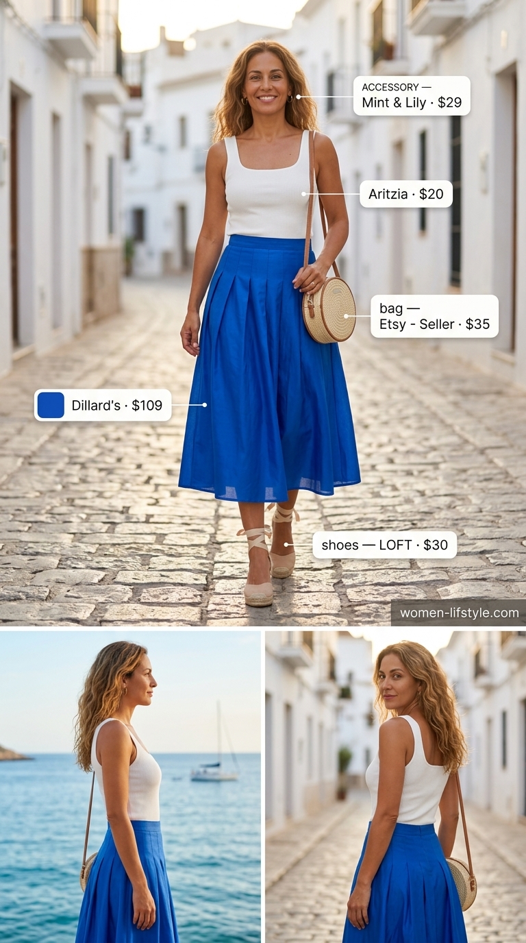 Influencer Summer Fashion Outfits 2026: Cobalt Blue Midi Skirt Influencer summer fashion outfits for women 2026: Cobalt blue midi skirt, white top, straw bag for Mediterranean style.